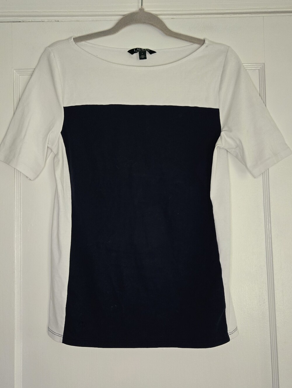 Lauren Ralph Lauren White and Navy Colorblock Short Sleeve Top Women's Large